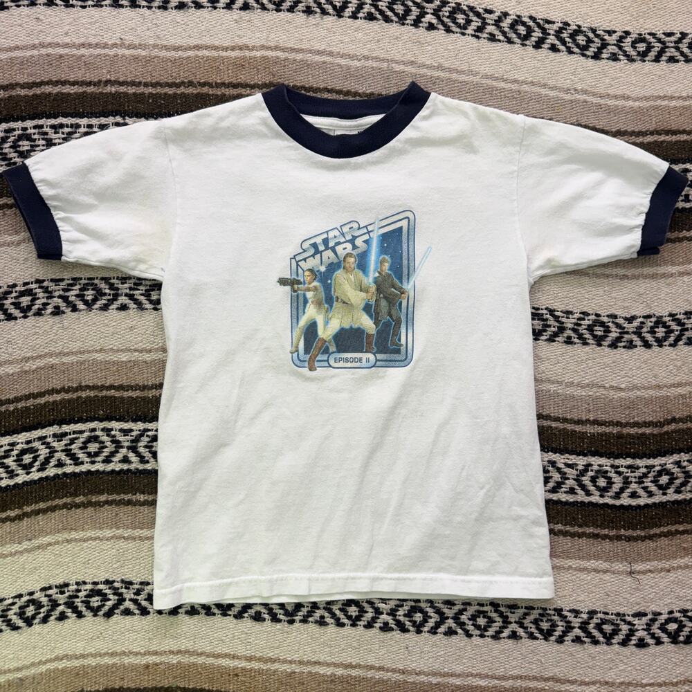 Youth Kids Vintage Star Wars Episode 1 Attack of the Clones White Tee Shirt Sz M